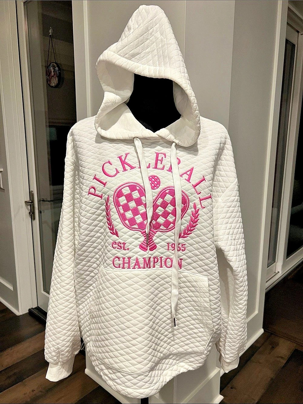 NWOT Main Strip Pickleball Quilted Graphic Hoodie in White & Pink